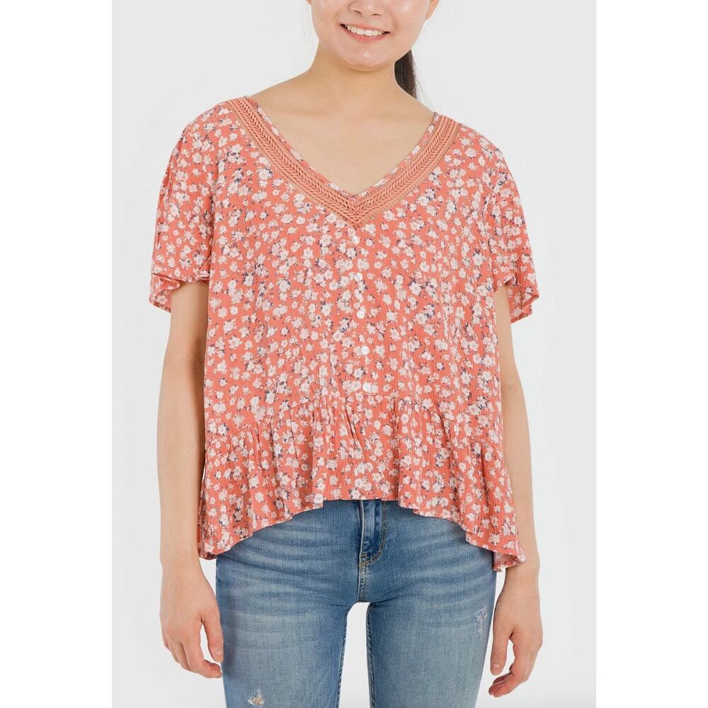 Hippie Rose Juniors Melon Spice Floral Peplum Ruffle Short Sleeve Pink Blouse XS